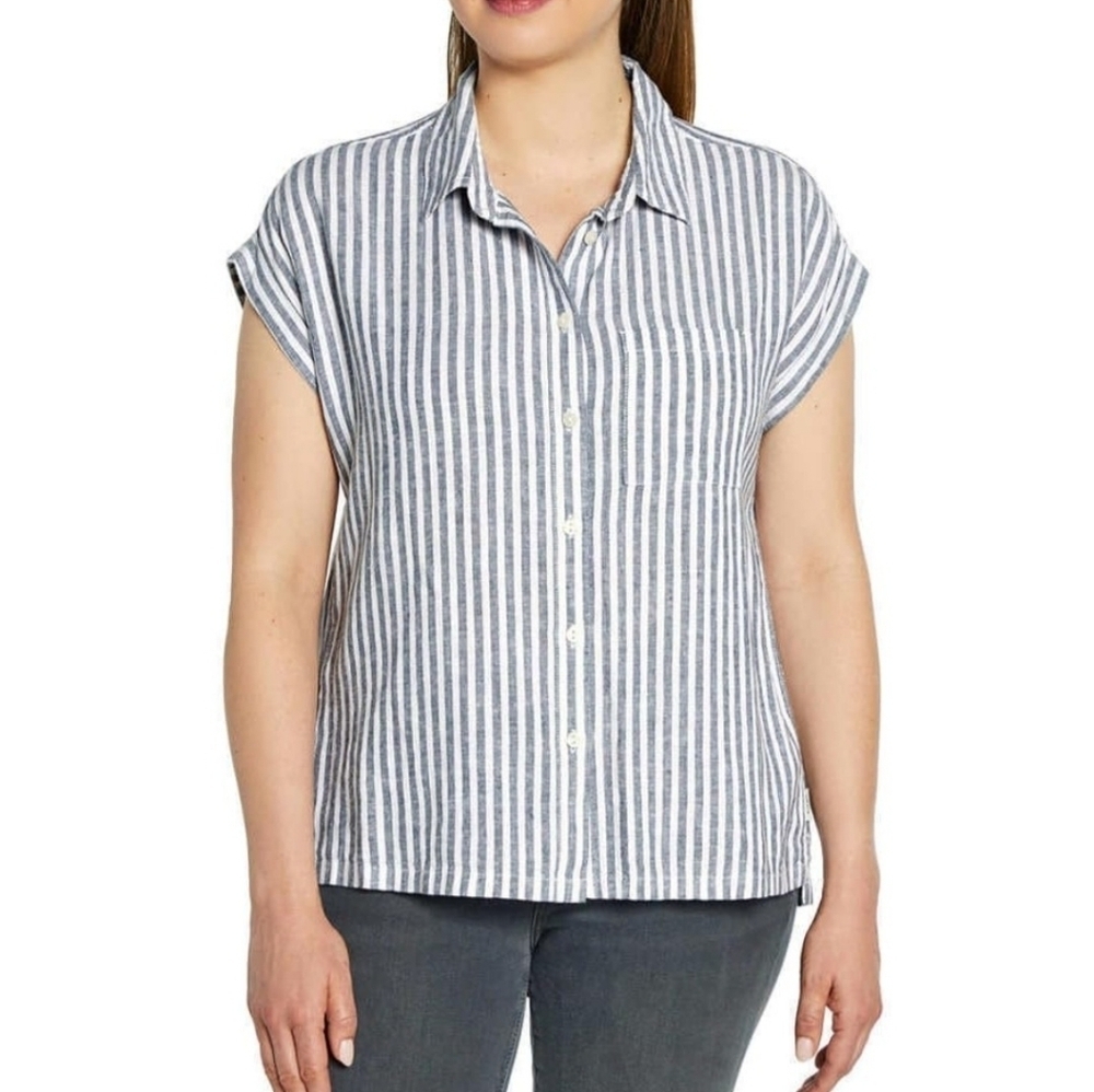 Orvis Size Large Striped Linen Blend Short Sleeve Button Shirt Top Blue White
